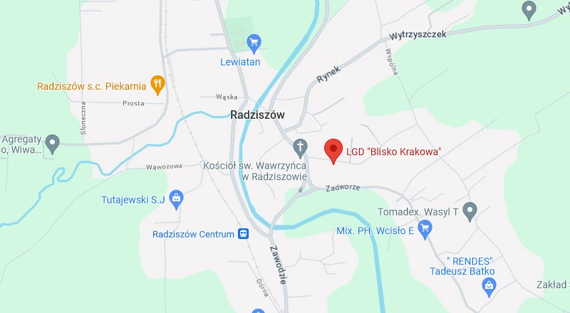 Fragment mapy miejscowości Radziszów z zaznaczonym biurem LGD Blisko Krakowa